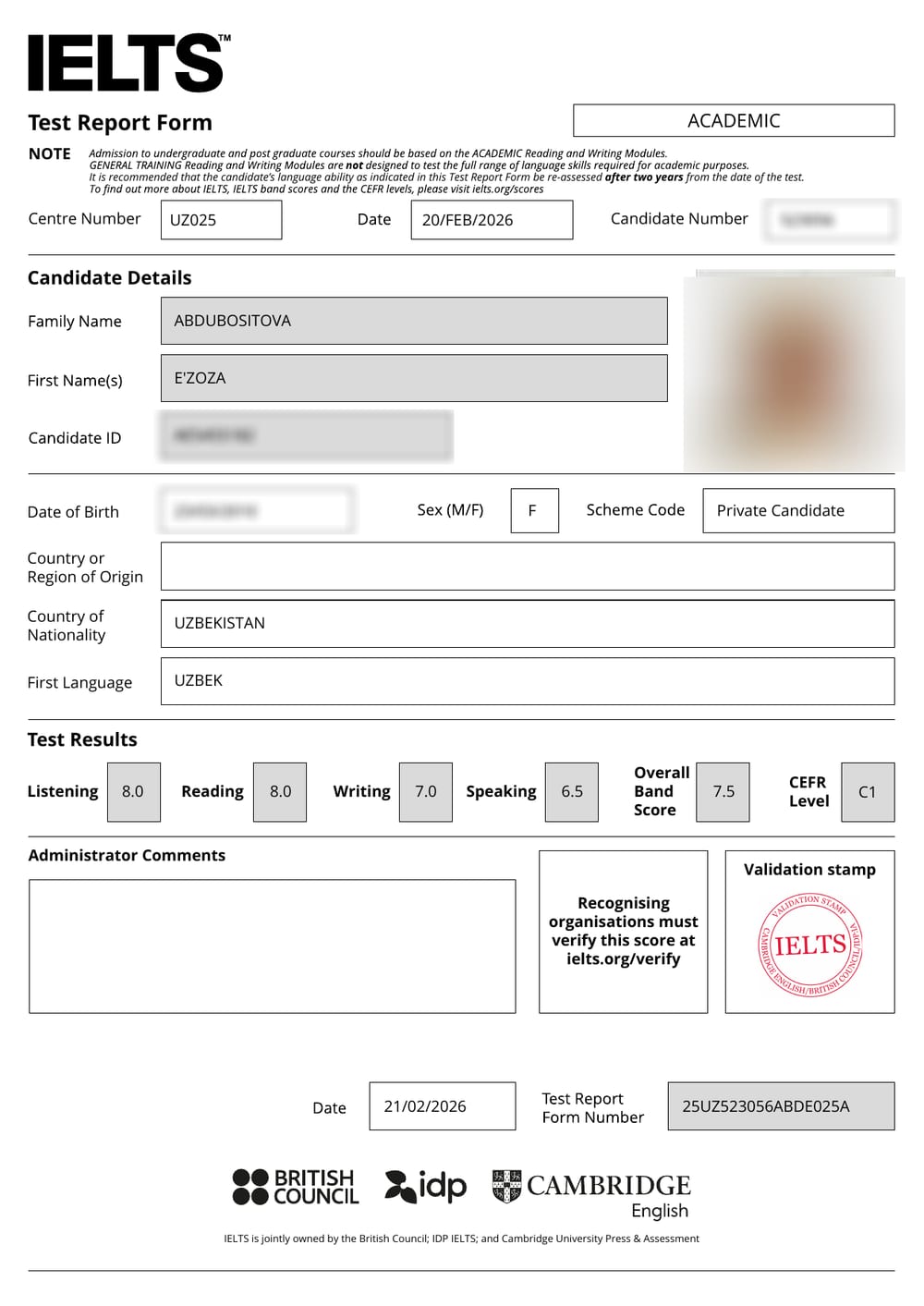 E'zoza A. — verified IELTS Band 7.5 Test Report Form