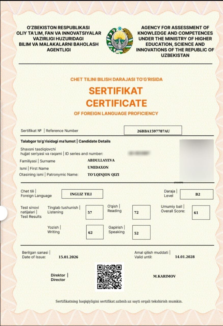 Umidaxon A. — verified IELTS B2 · 61 Test Report Form
