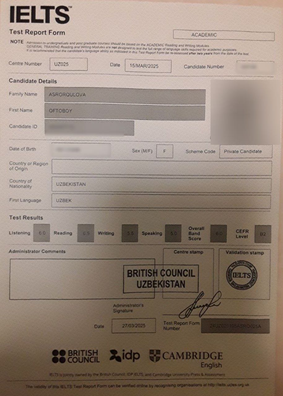 Oftoboy A. — verified IELTS Band 6.0 Test Report Form