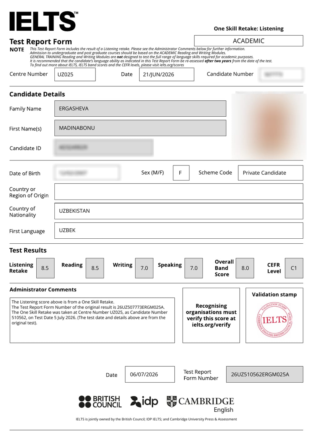 Madinabonu E. — verified IELTS Band 8.0 Test Report Form