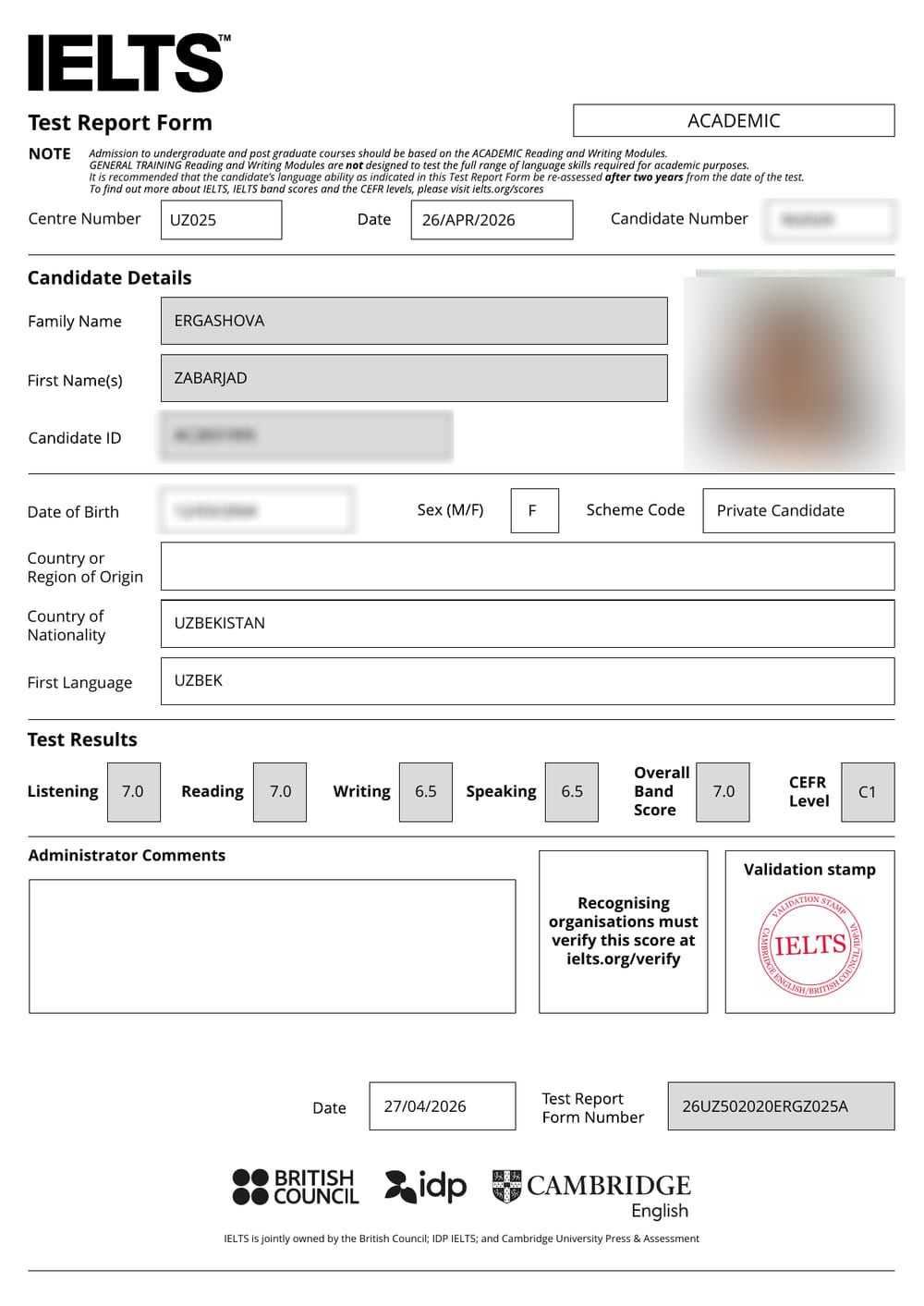 Zabarjad E. — verified IELTS Band 7.0 Test Report Form