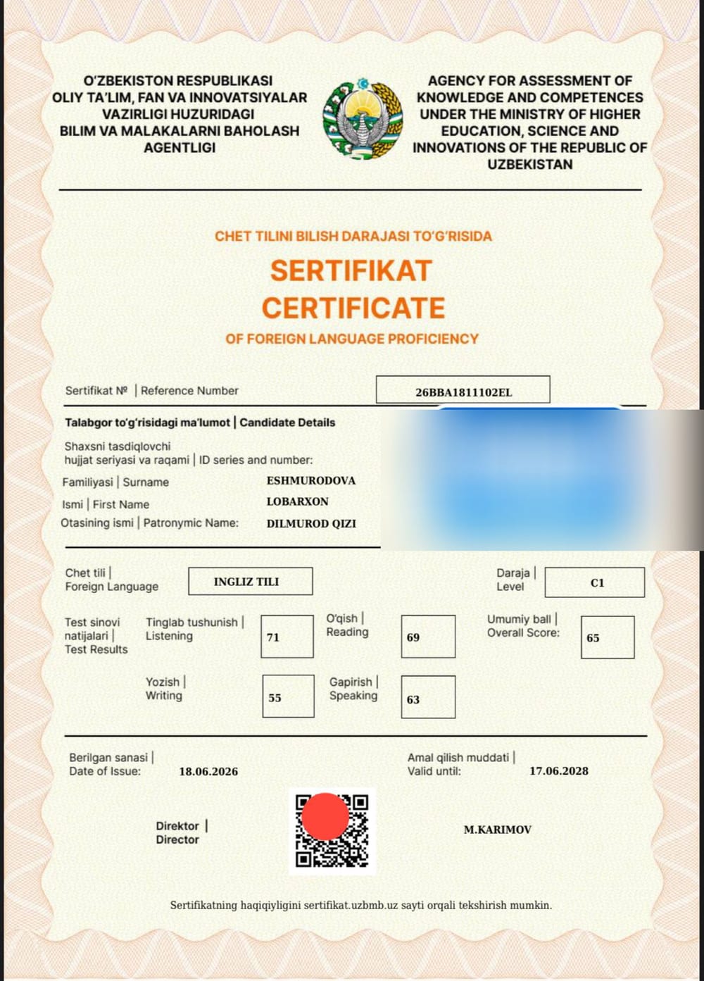 Lobarxon E. — verified IELTS C1 · 65 Test Report Form