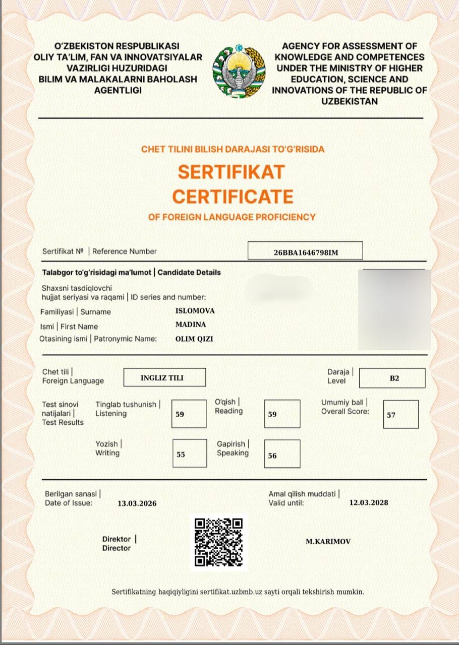 Madina I. — verified IELTS B2 · 57 Test Report Form