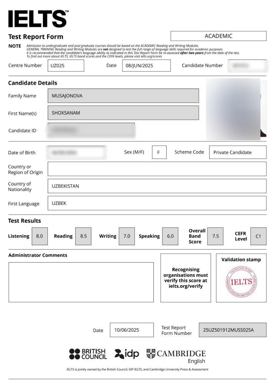 Shoxsanam M. — verified IELTS Band 7.5 Test Report Form