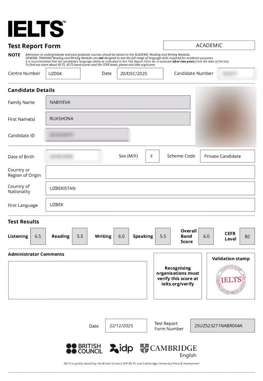 Ruxshona N. — verified IELTS Band 6.0 Test Report Form