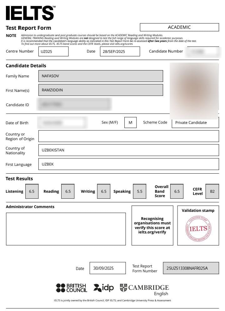 Ramziddin N. — verified IELTS Band 6.5 Test Report Form