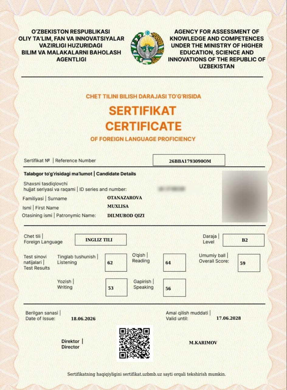 Muxlisa O. — verified IELTS B2 · 59 Test Report Form