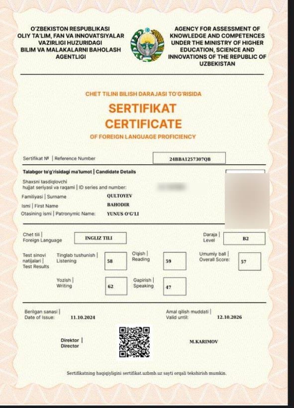 Bahodir Q. — verified IELTS B2 · 57 Test Report Form