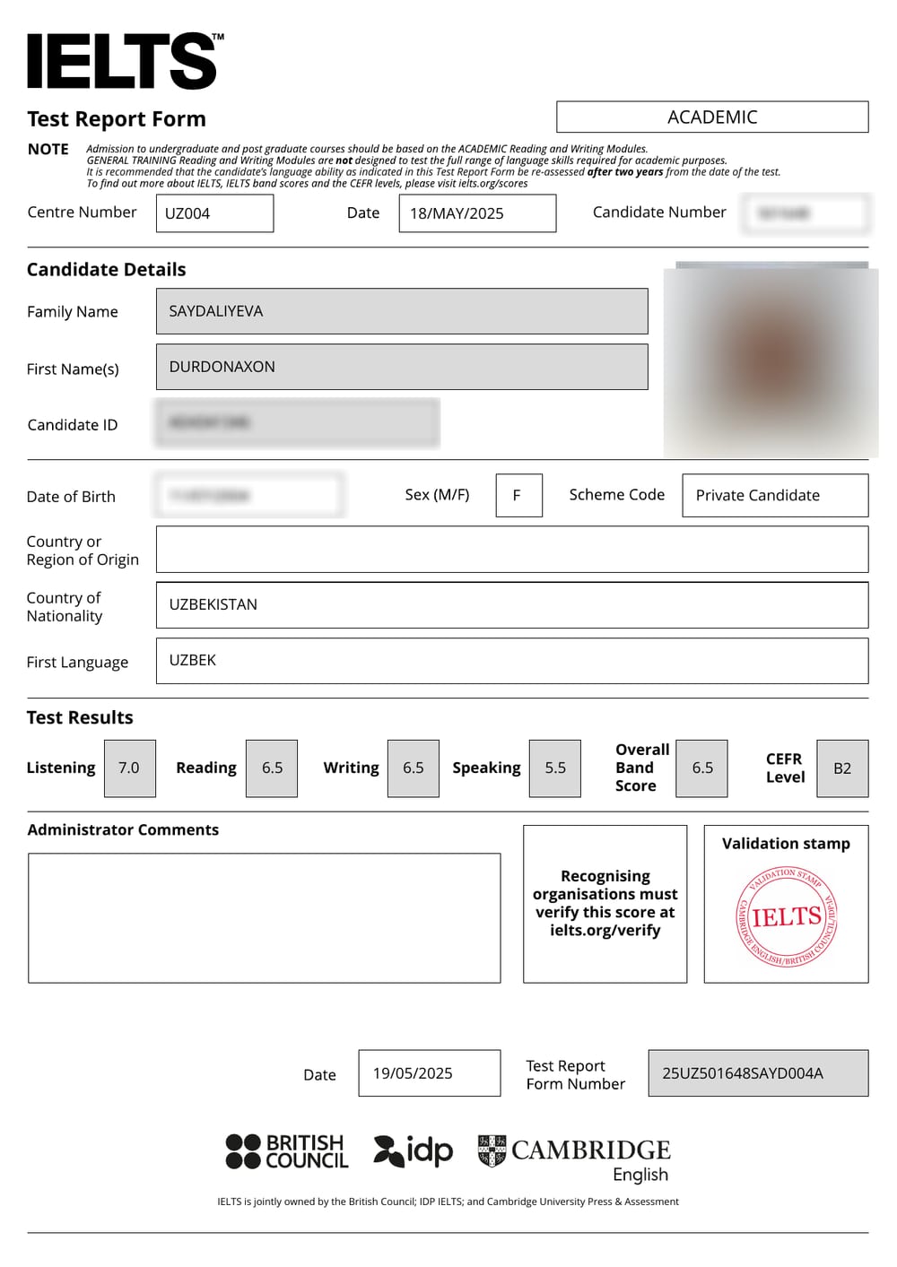 Durdonaxon S. — verified IELTS Band 6.5 Test Report Form