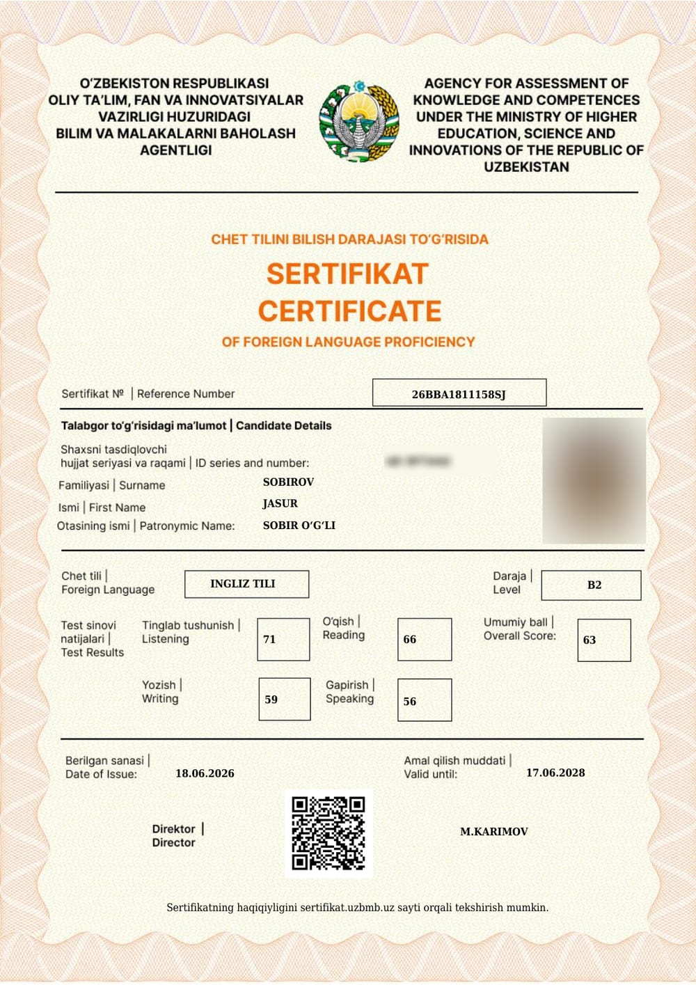 Jasur S. — verified IELTS B2 · 63 Test Report Form
