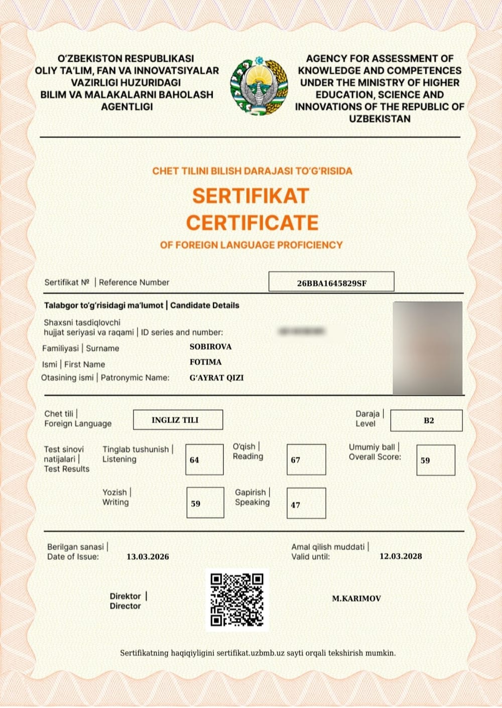 Fotima S. — verified IELTS B2 · 59 Test Report Form
